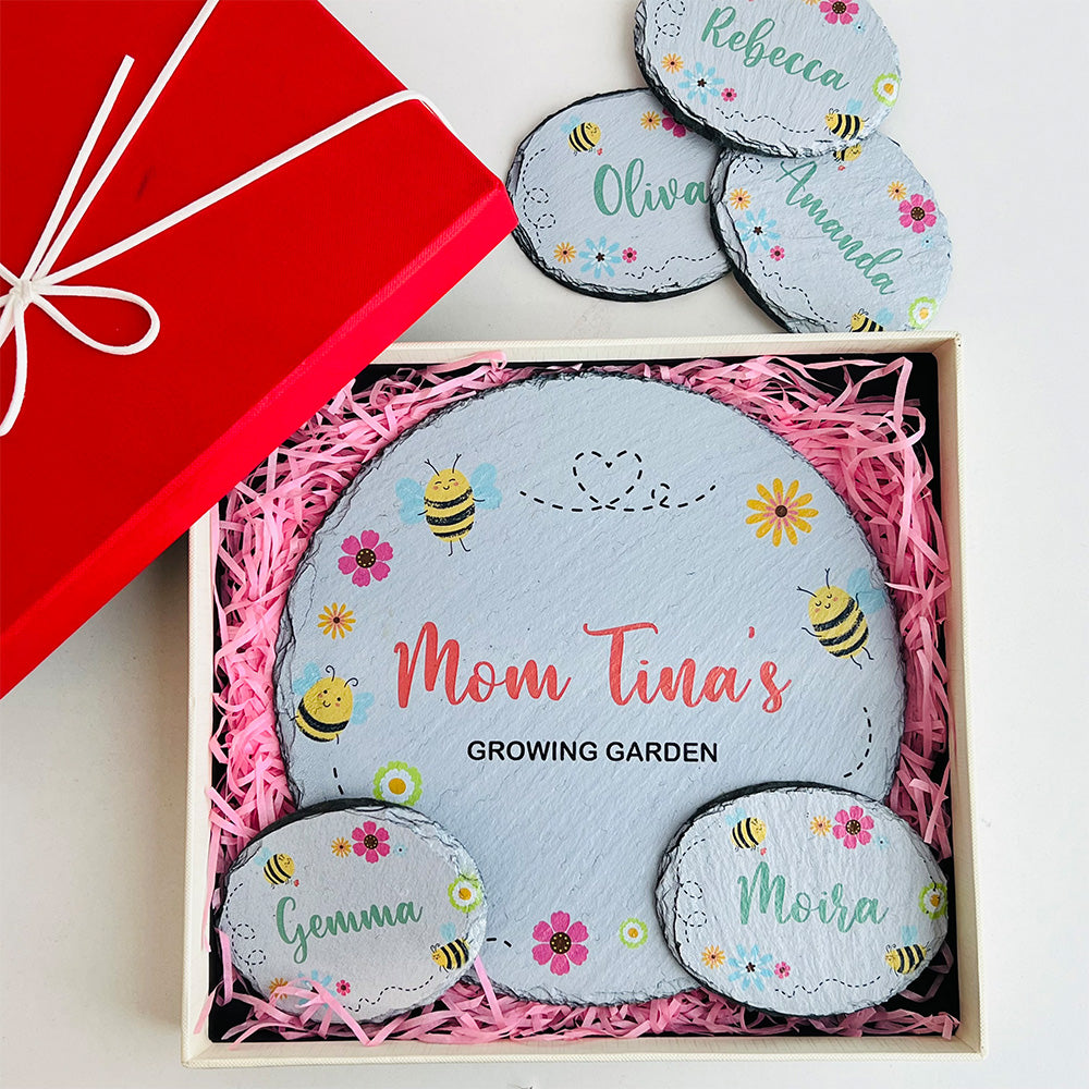 Mom's Bee Happy Growing Garden Personalized Names Stone