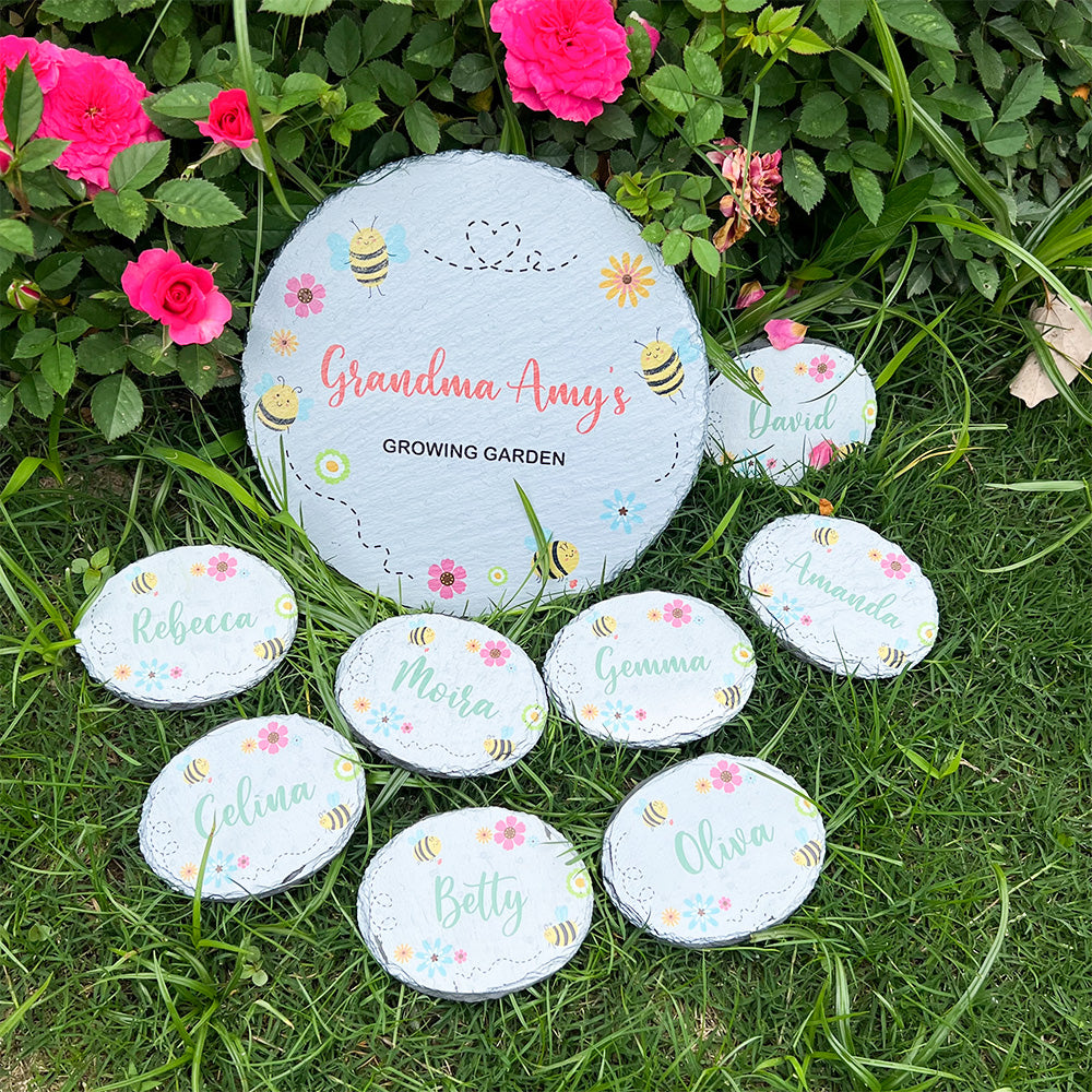Mom's Bee Happy Growing Garden Personalized Names Stone