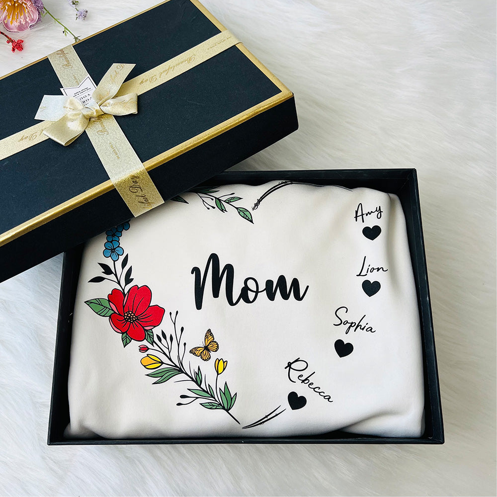 Mom's Flower Heart Customized Names Hoodie/Crewneck