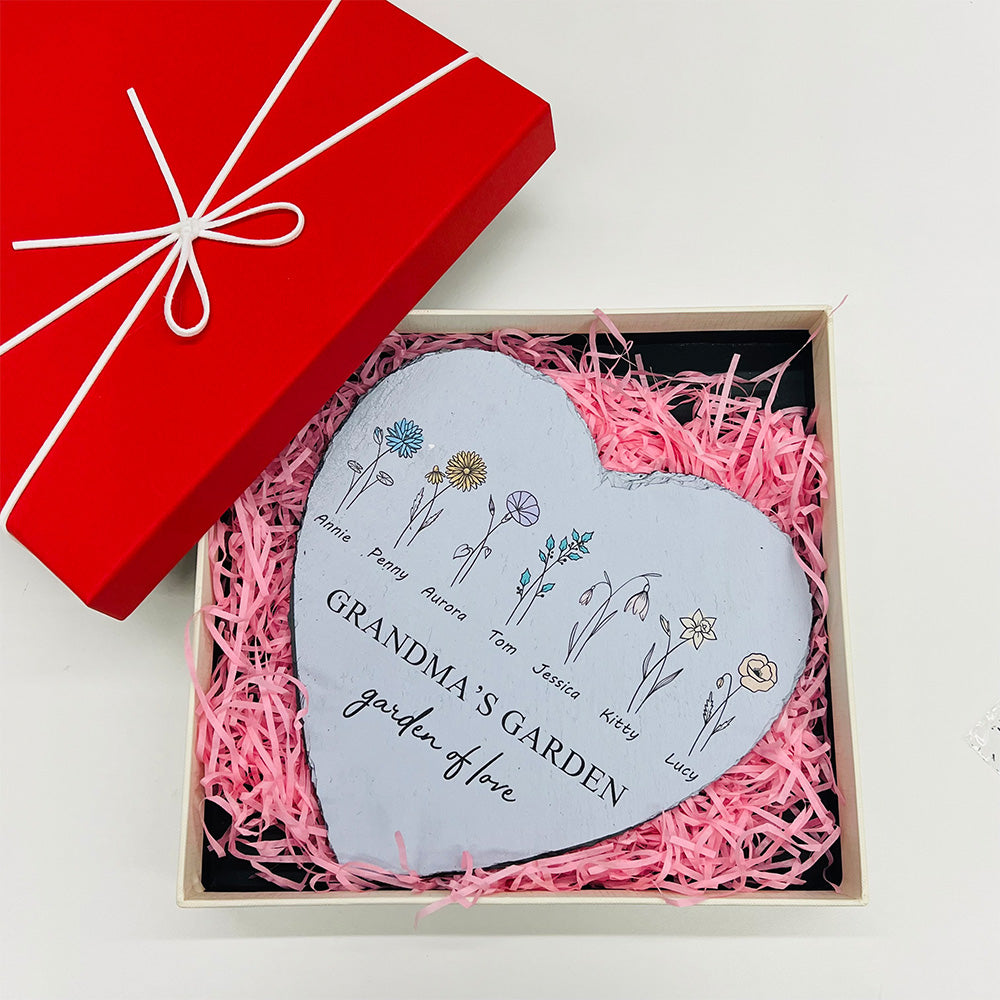 Personalized Mom's Garden Heart Stone with Birthflowers and Names