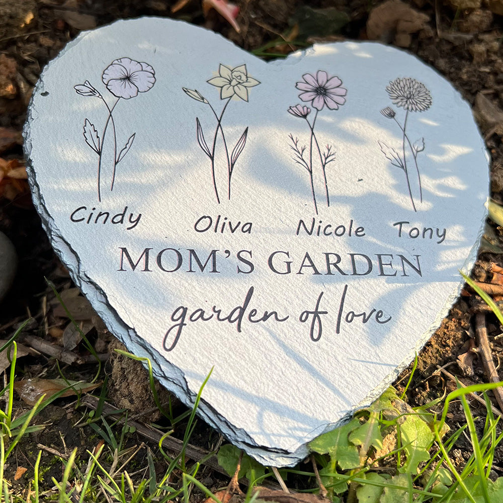 Personalized Mom's Garden Heart Stone with Birthflowers and Names