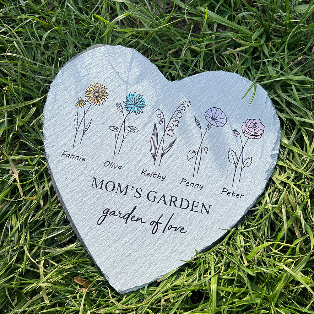 Personalized Mom's Garden Heart Stone with Birthflowers and Names