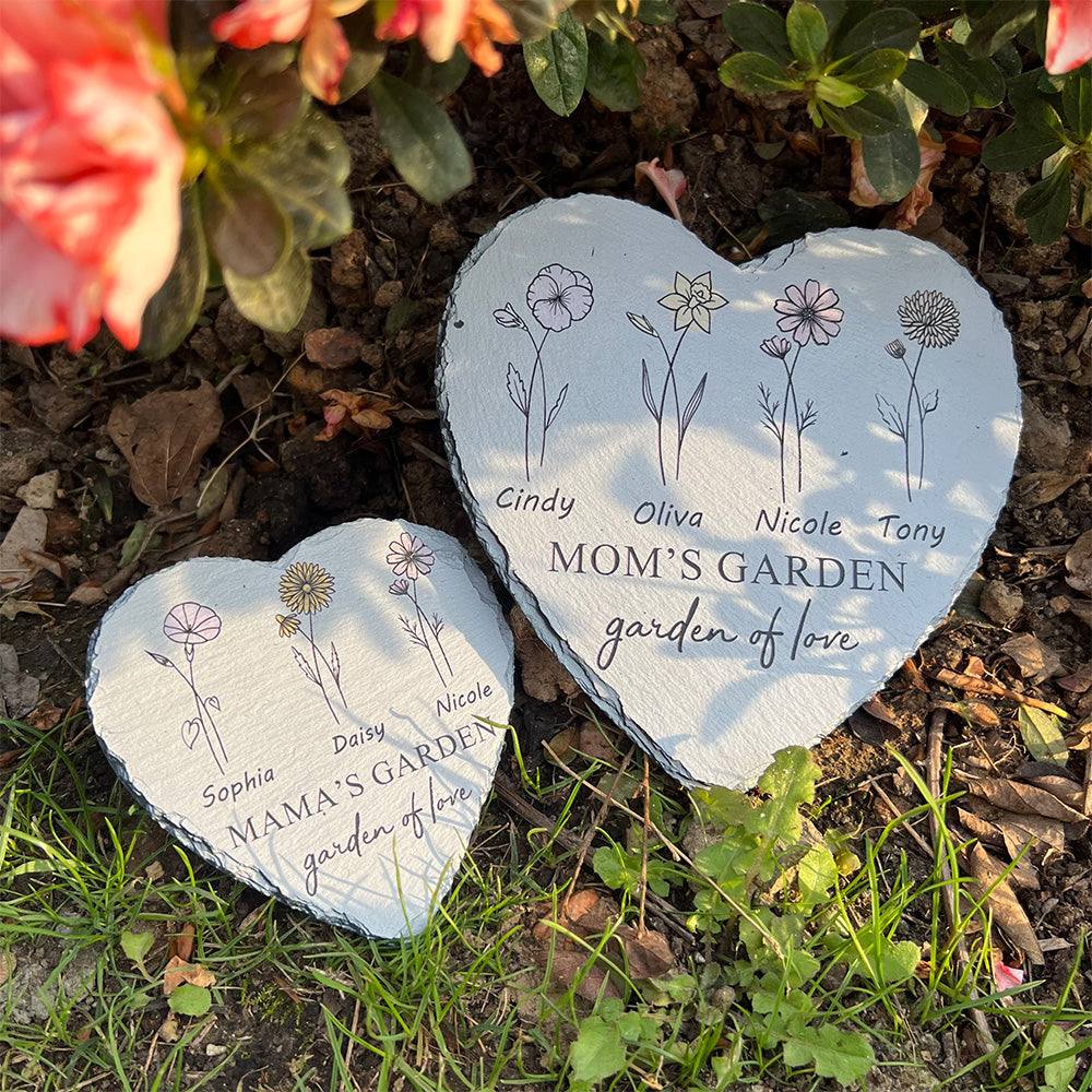 Personalized Mom's Garden Heart Stone with Birthflowers and Names