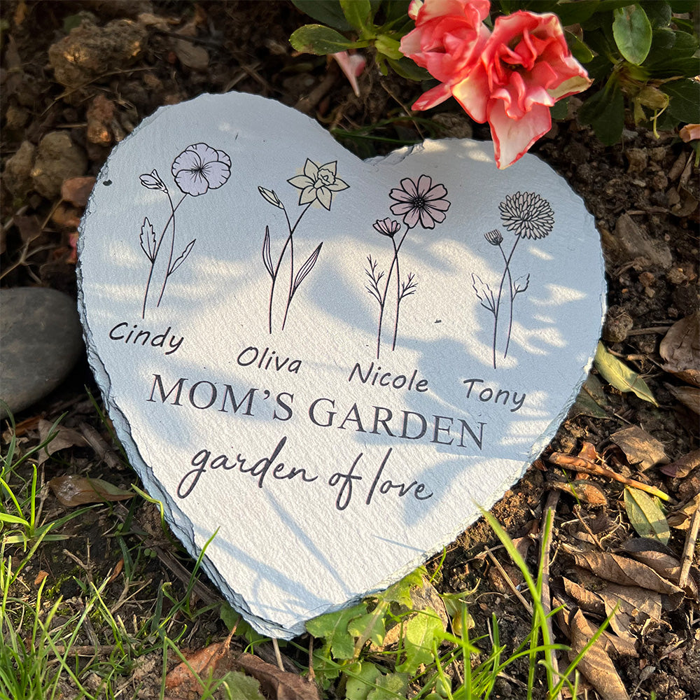 Personalized Mom's Garden Heart Stone with Birthflowers and Names