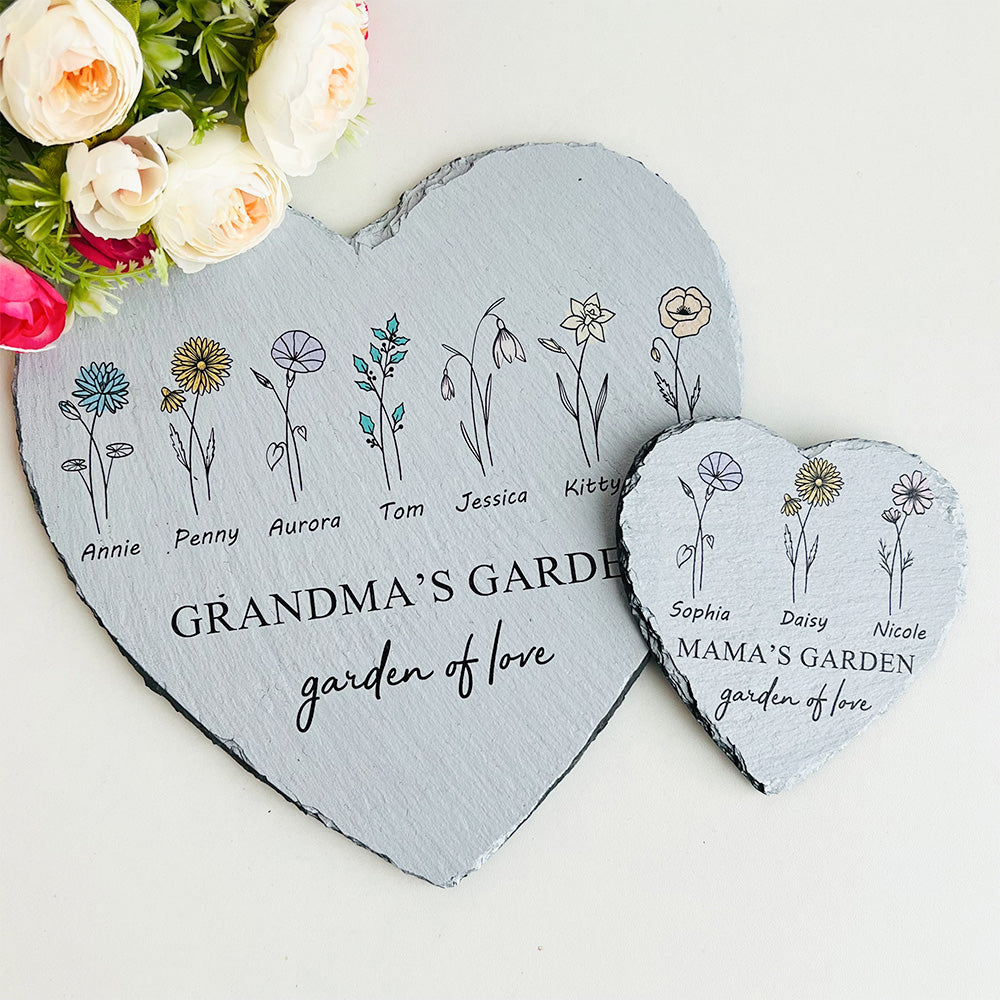 Personalized Mom's Garden Heart Stone with Birthflowers and Names