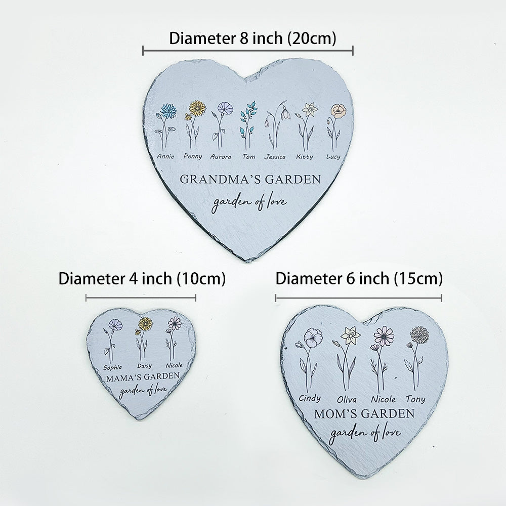 Personalized Mom's Garden Heart Stone with Birthflowers and Names
