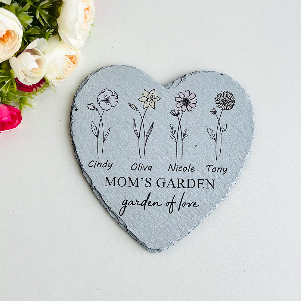 Personalized Mom's Garden Heart Stone with Birthflowers and Names