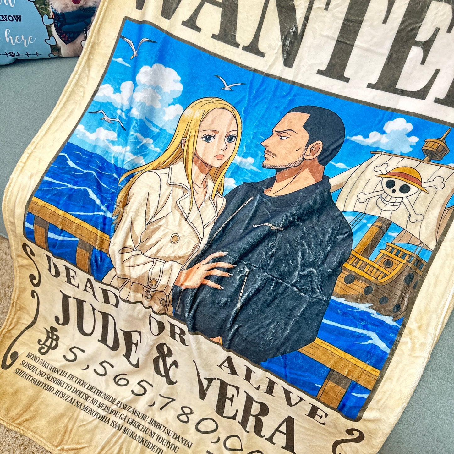 Custom Anime Wanted Couple Portrait Blanket, Pirate Theme Blanket Gift⚓