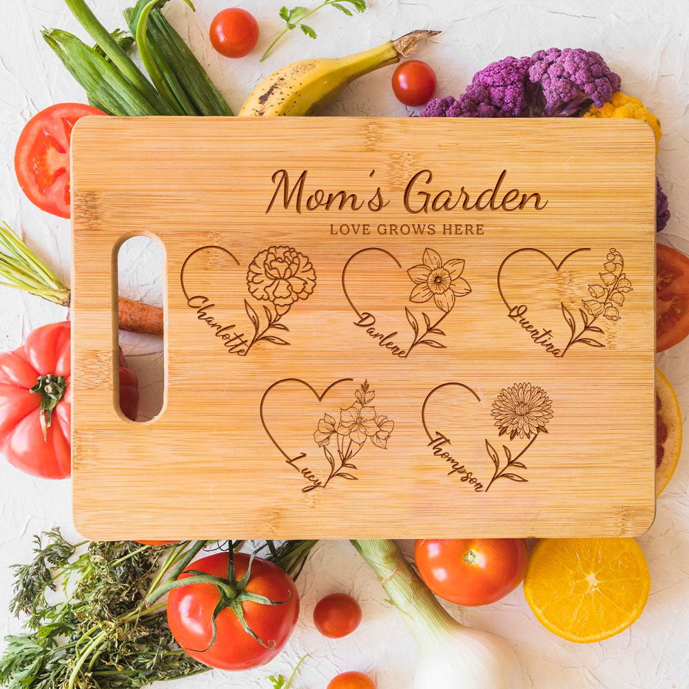 50% OFF✨Customized Mom's Garden Cutting Board With Heart Birth Flowers Names