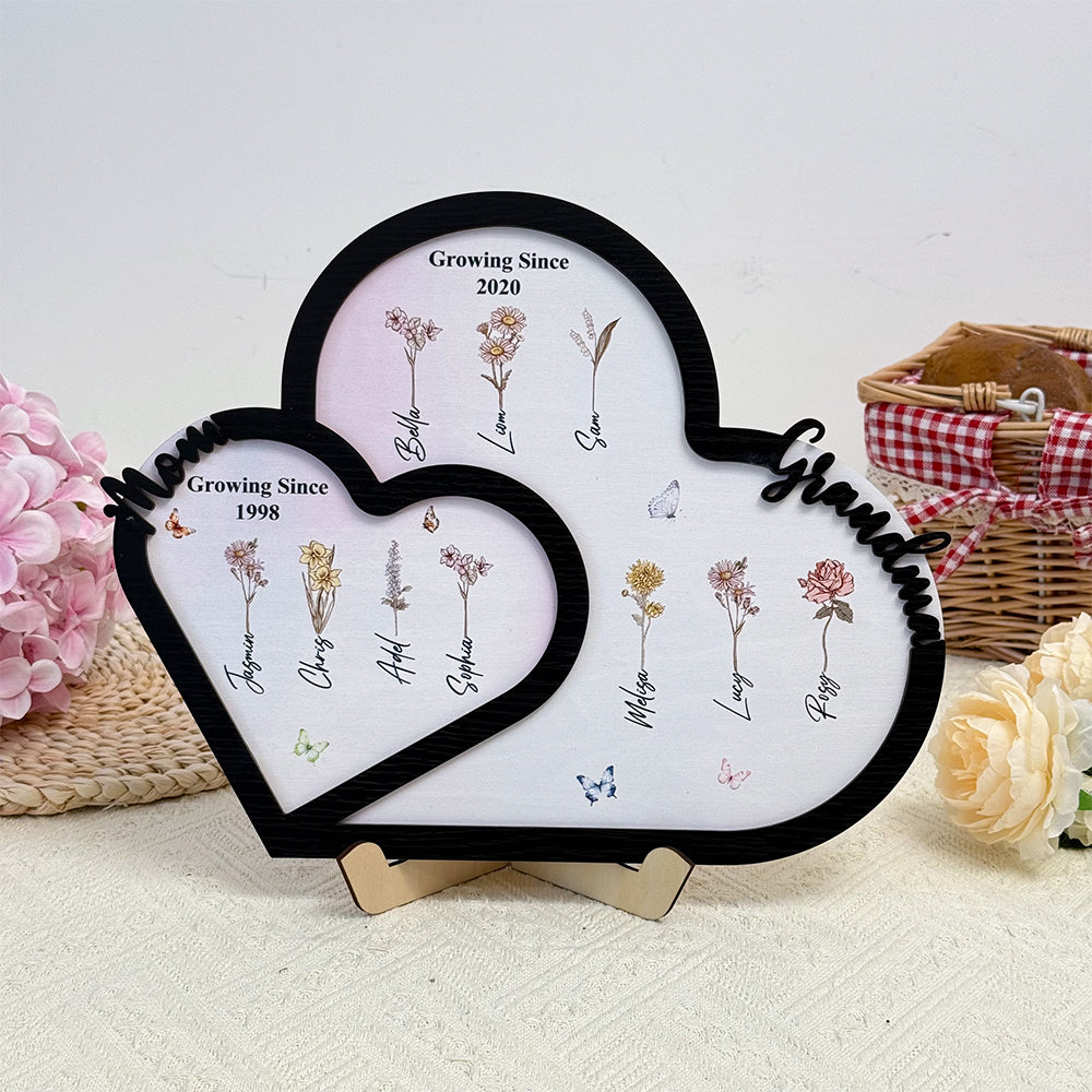50%OFF⭐️Personalized First Mom Now Grandma Birth Month Flower Heart Wooden Plaque Gift