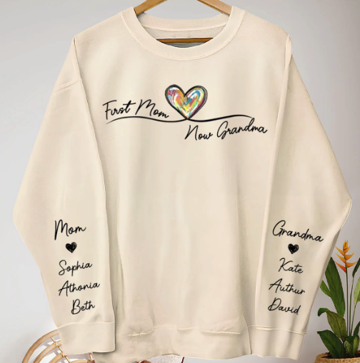 Personalized Sweatshirt First Mom Now Grandma Custom Names On Sleeve