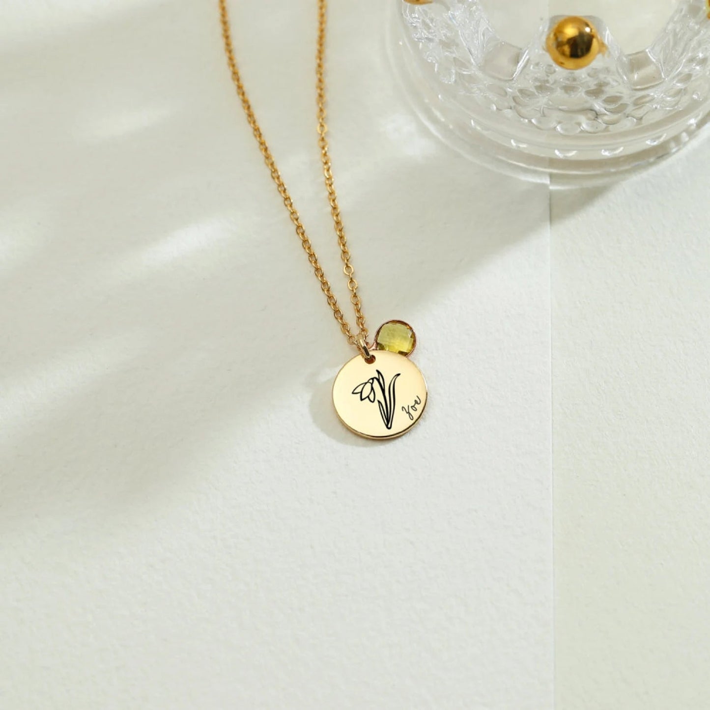 Custom Birth Flower Name Necklace For Wife/Girlfriend/Mom/Daughter