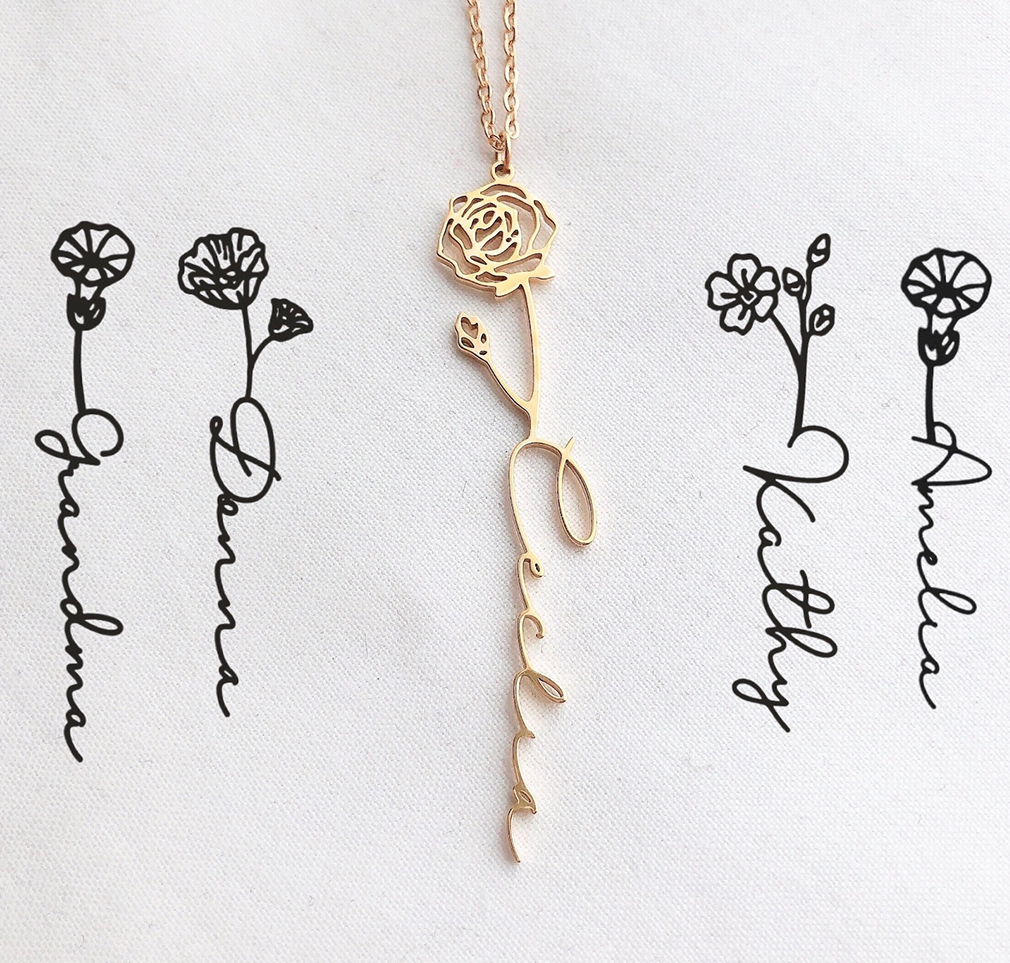 Custom 3D Birth Flower Name Necklace For Wife/Girlfriend/Mom/Daughter