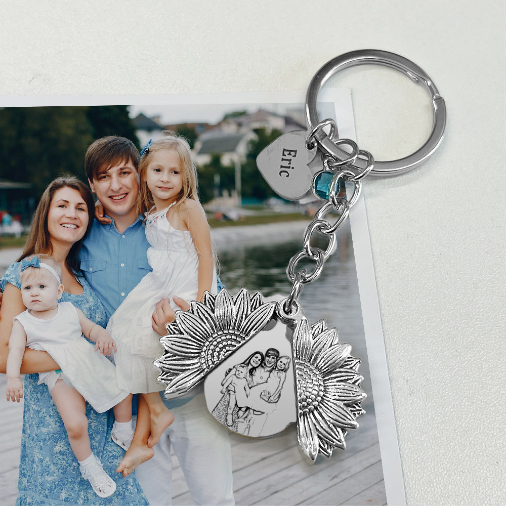 Personalized Sunflower Locket Key Chain, Hidden Message Keychain