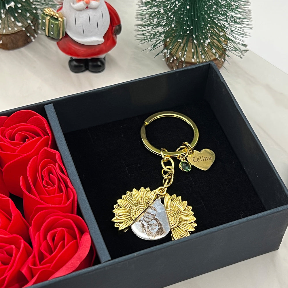 Personalized Sunflower Locket Key Chain, Hidden Message Keychain