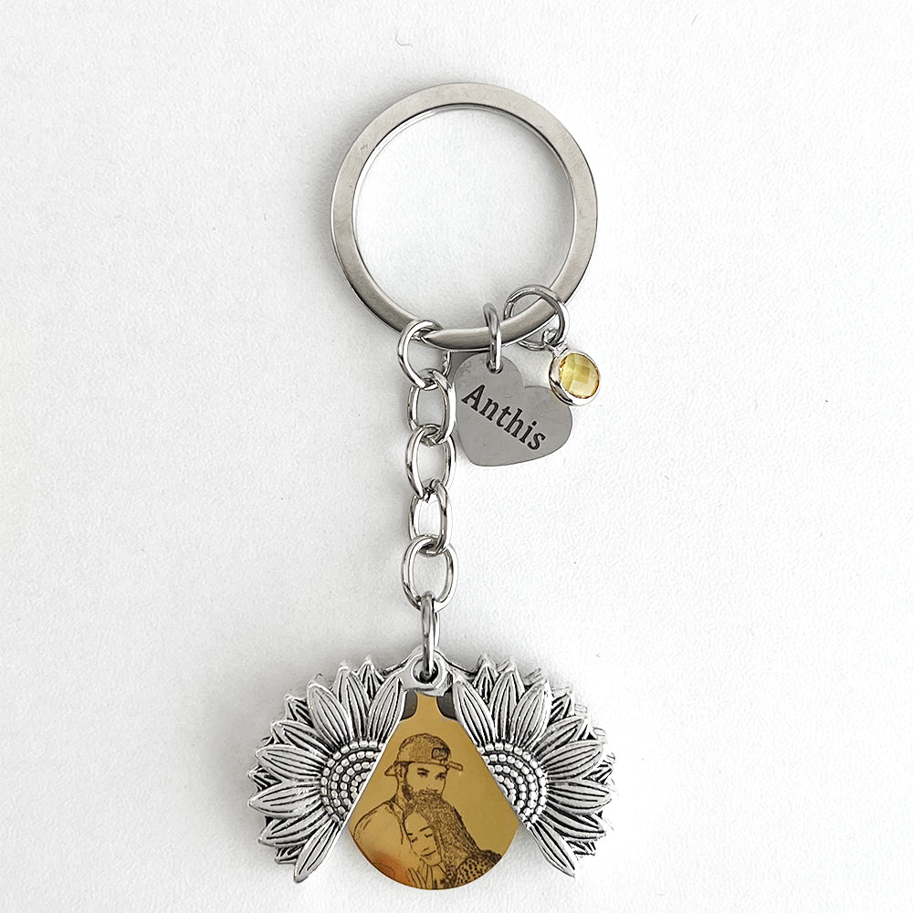 Personalized Sunflower Locket Key Chain, Hidden Message Keychain