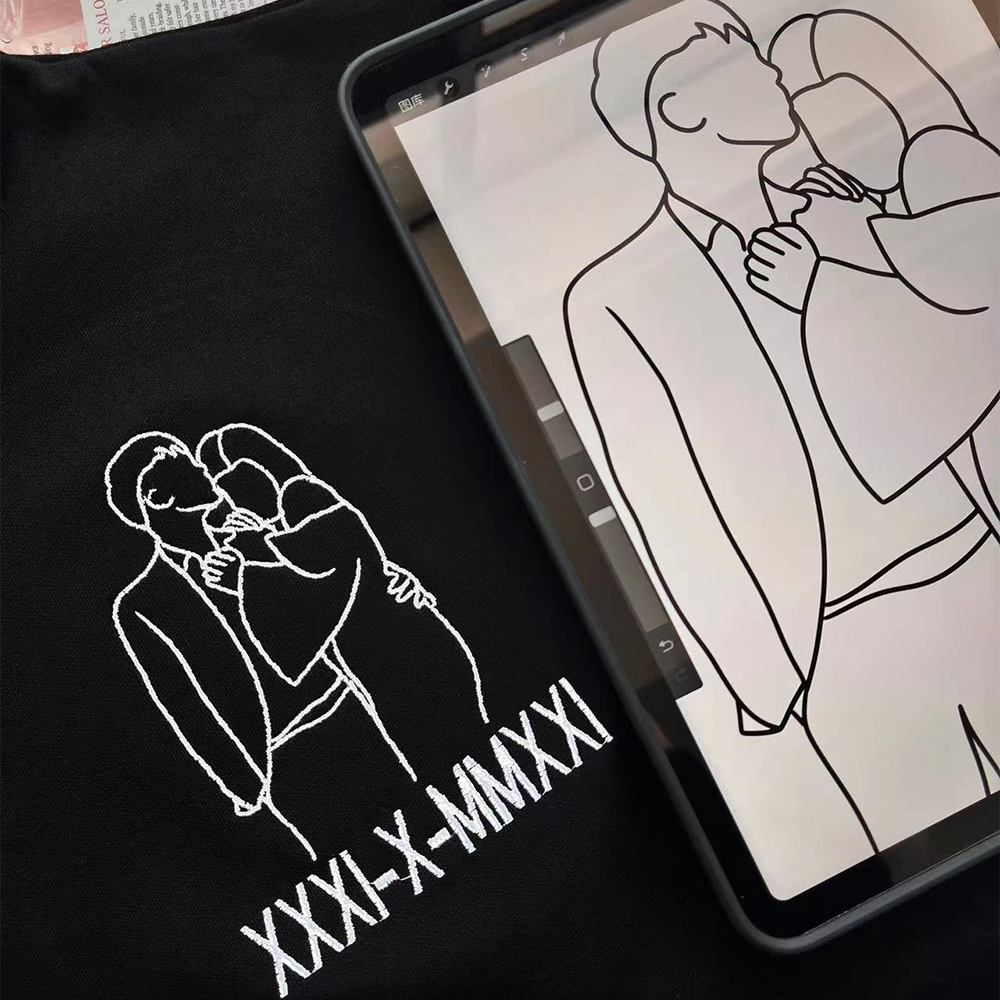 Custom Embroidered Line Art Roman Numeral Date Couple's Hoodies