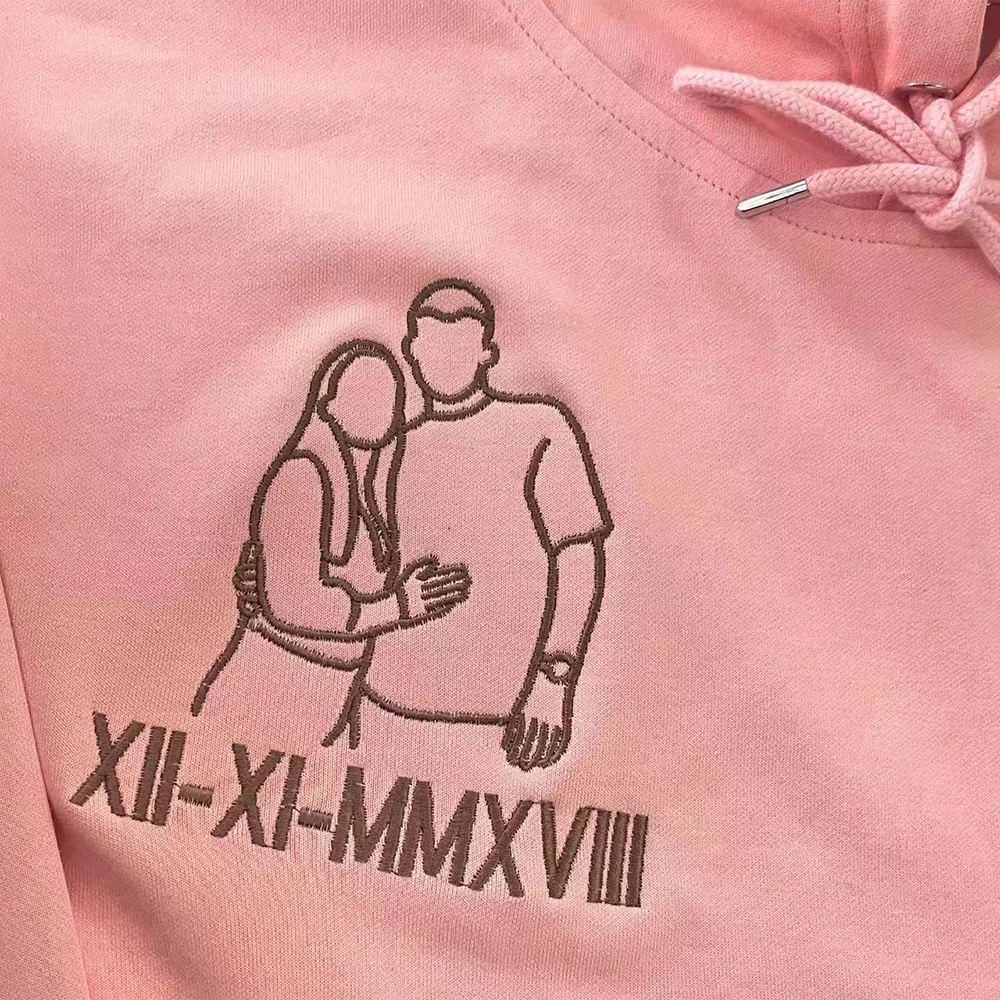 Custom Embroidered Line Art Roman Numeral Date Couple's Hoodies