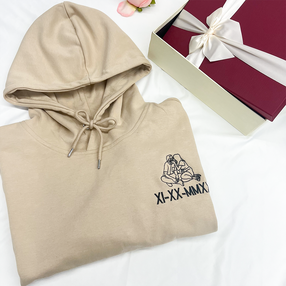 Custom Embroidered Line Art Roman Numeral Date Couple's Hoodies