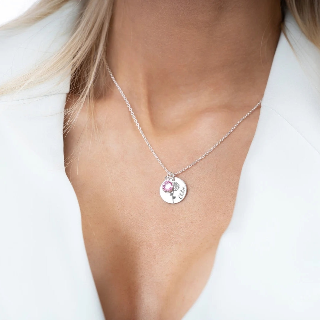Custom Birth Flower Name Necklace For Wife/Girlfriend/Mom/Daughter