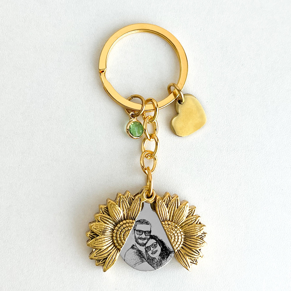 Personalized Sunflower Locket Key Chain, Hidden Message Keychain
