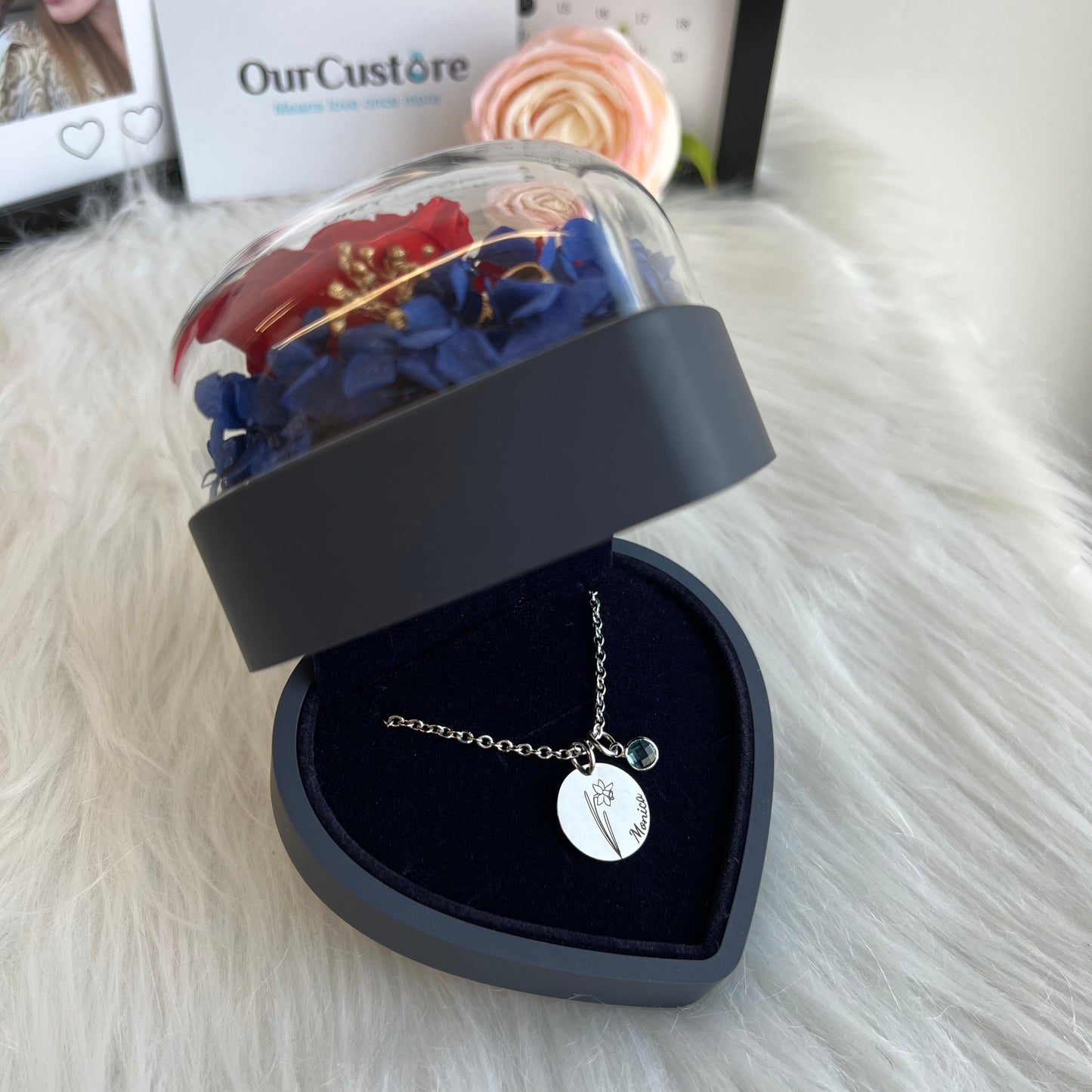 Custom Birth Flower Name Necklace For Wife/Girlfriend/Mom/Daughter