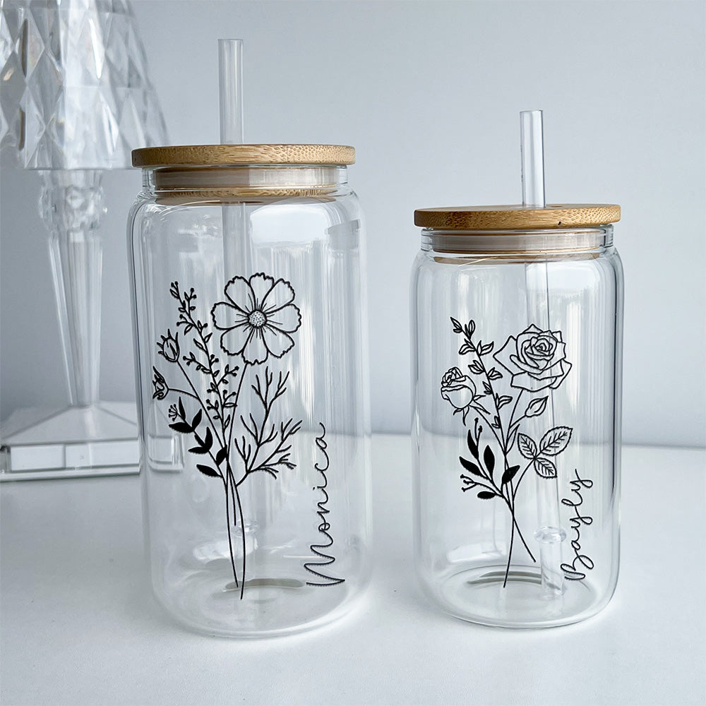 50%OFF⭐️Personalized Iced Coffee Glass Tumbler  With Name And Birth Flower
