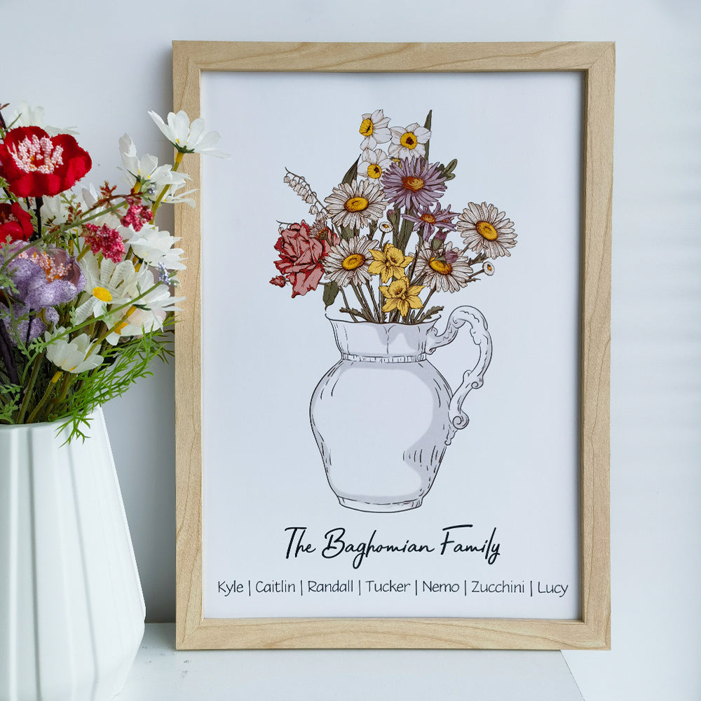 50%OFF⭐️Personalized Birth flower Bouquet Vase Names Frame For Mom/Grandma