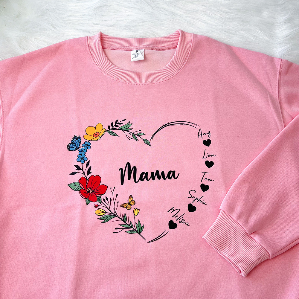 Mom's Flower Heart Customized Names Hoodie/Crewneck