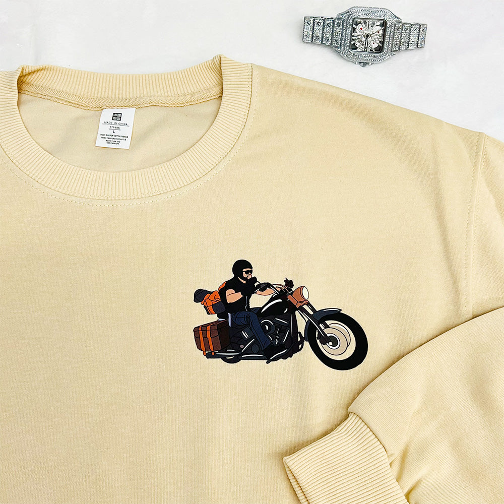 Custom Motorcycle Drawing Embroidery Sweatshirt