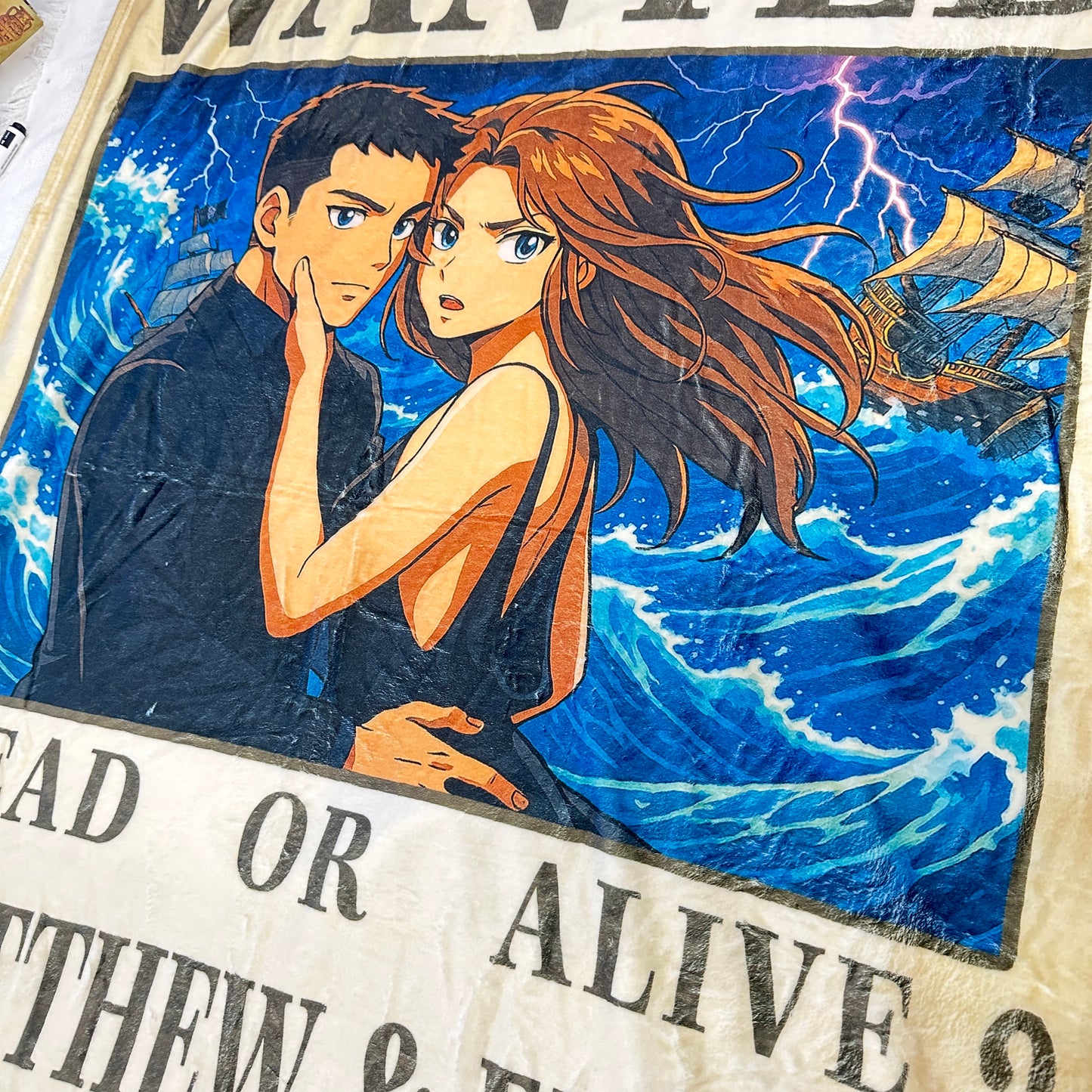 Custom Anime Wanted Couple Portrait Blanket, Pirate Theme Blanket Gift⚓