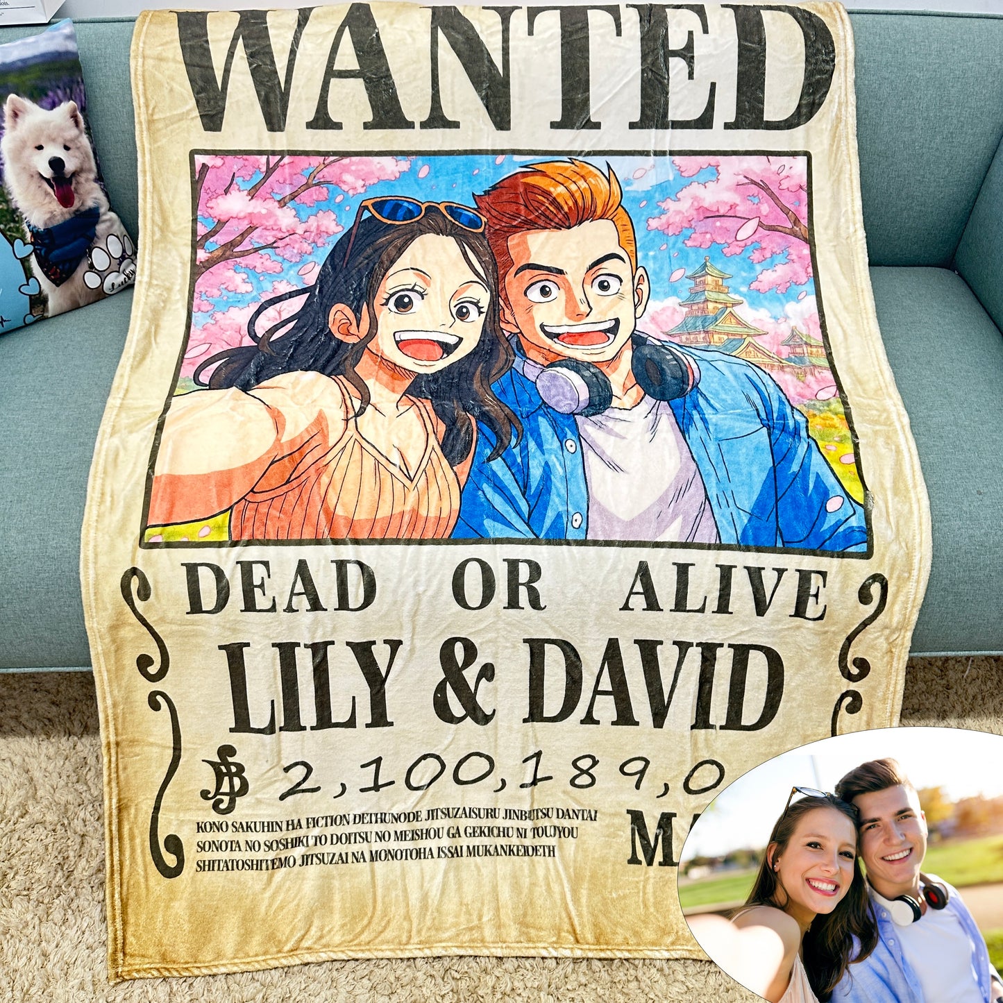 Custom Anime Wanted Couple Portrait Blanket, Pirate Theme Blanket Gift⚓
