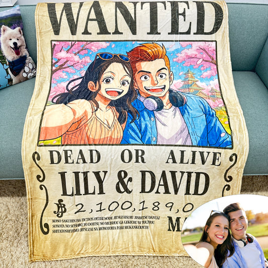 Custom Anime Wanted Couple Portrait Blanket, Pirate Theme Blanket Gift⚓