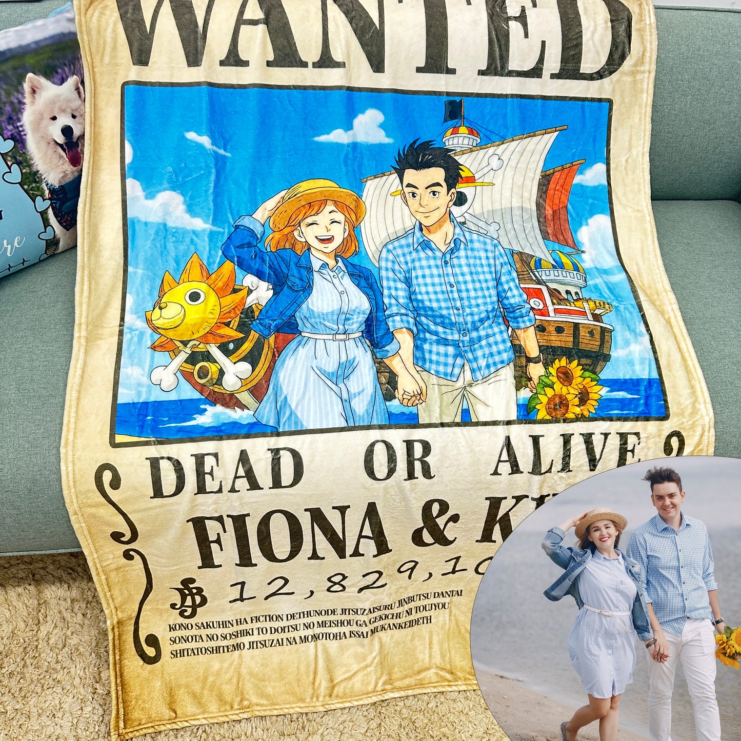 Custom Anime Wanted Couple Portrait Blanket, Pirate Theme Blanket Gift⚓