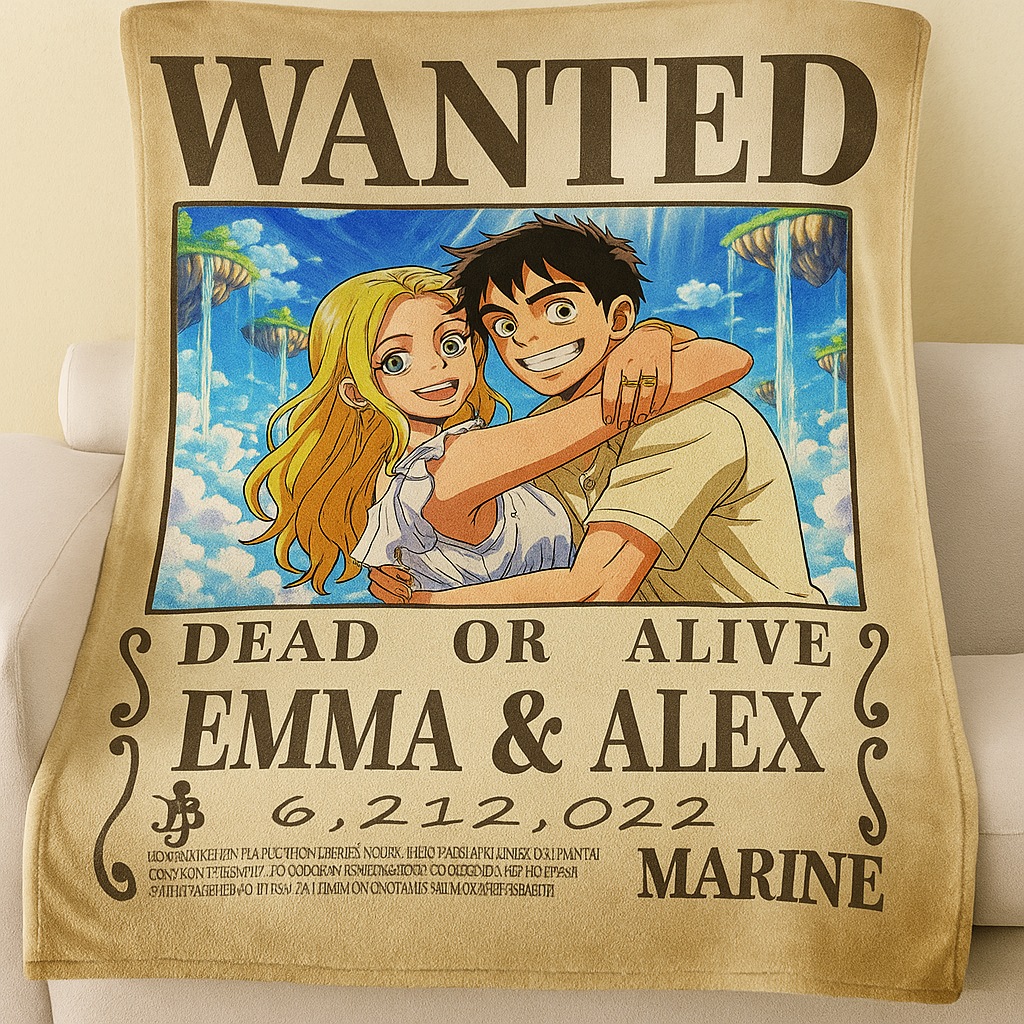 Custom Anime Wanted Couple Portrait Blanket, Pirate Theme Blanket Gift⚓