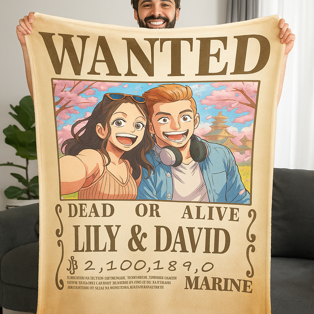 Custom Anime Wanted Couple Portrait Blanket, Pirate Theme Blanket Gift⚓