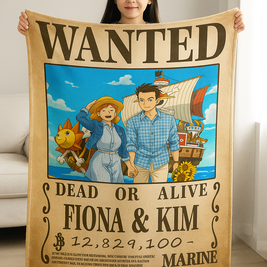 Custom Anime Wanted Couple Portrait Blanket, Pirate Theme Blanket Gift⚓