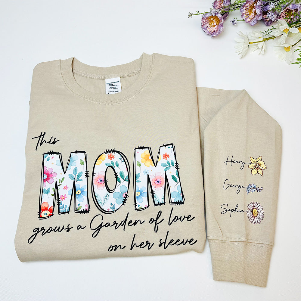 50%OFF⭐️Personalized This Mom Grows A Garden Of Love On Her Sleeve Birth Flower Hoodie