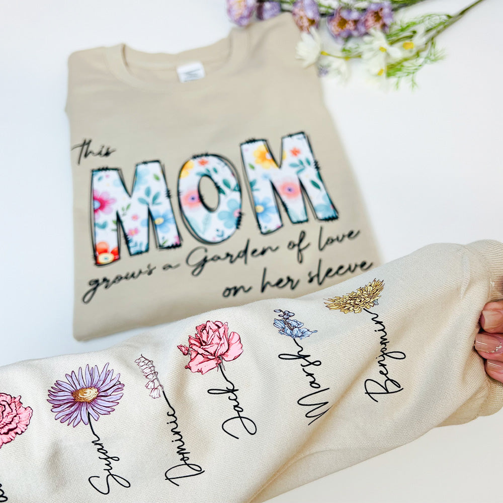 50%OFF⭐️Personalized This Mom Grows A Garden Of Love On Her Sleeve Birth Flower Hoodie