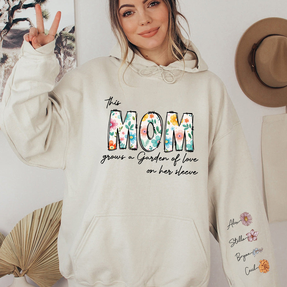 50%OFF⭐️Personalized This Mom Grows A Garden Of Love On Her Sleeve Birth Flower Hoodie