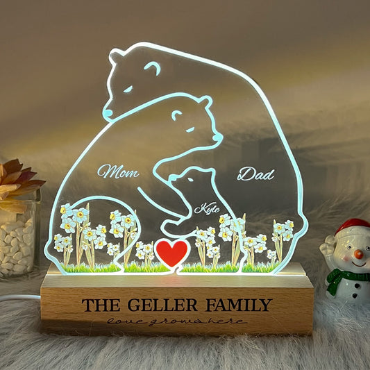 Custom Bear Family With Birth Month Flower And Kid's Names Acrylic Night Light