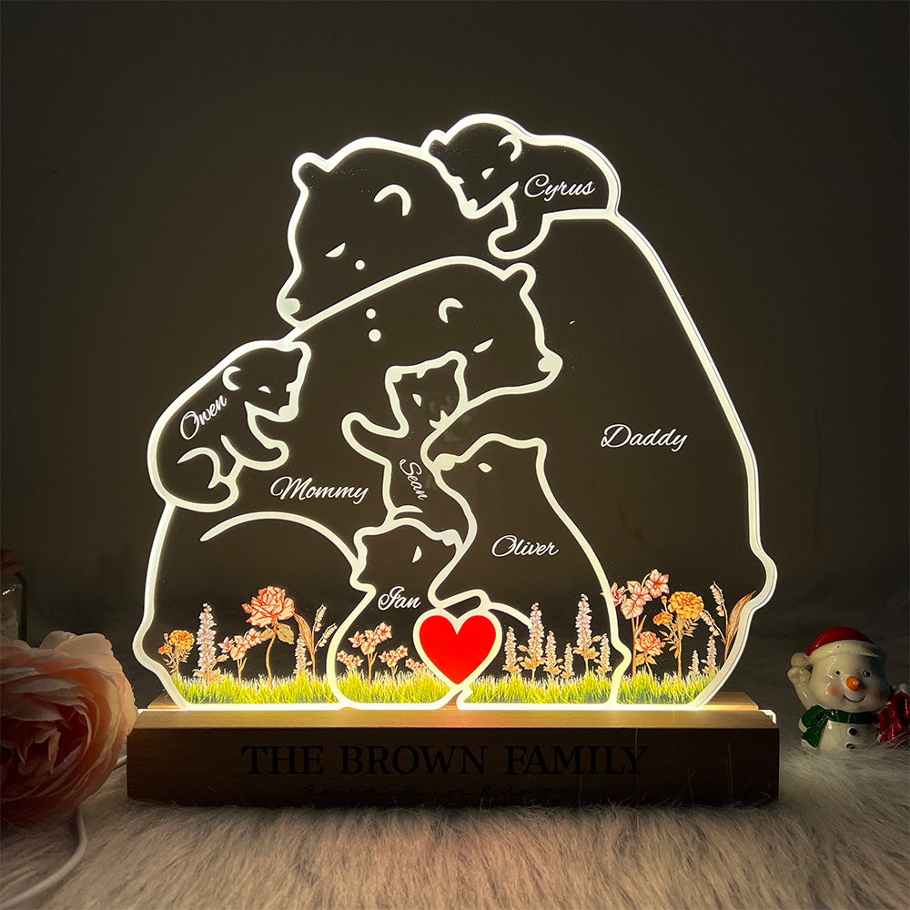 Custom Bear Family With Birth Month Flower And Kid's Names Acrylic Night Light