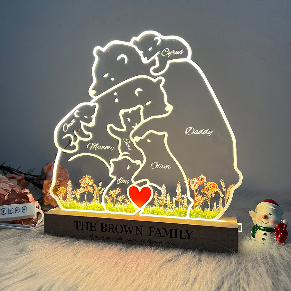 Custom Bear Family With Birth Month Flower And Kid's Names Acrylic Night Light