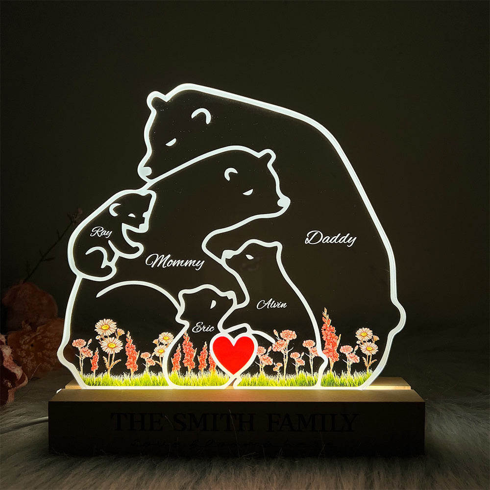 Custom Bear Family With Birth Month Flower And Kid's Names Acrylic Night Light