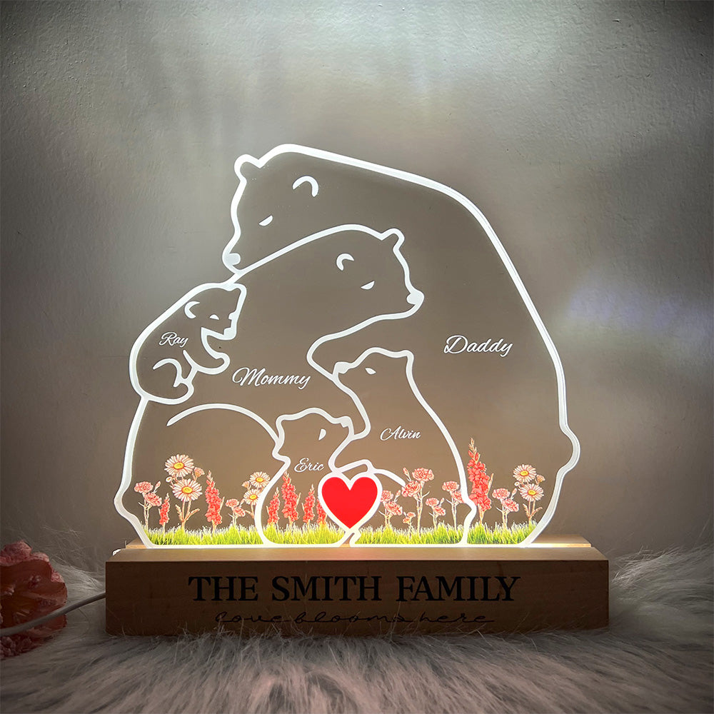 Custom Bear Family With Birth Month Flower And Kid's Names Acrylic Night Light