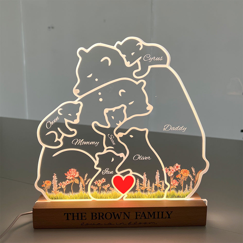 Custom Bear Family With Birth Month Flower And Kid's Names Acrylic Night Light