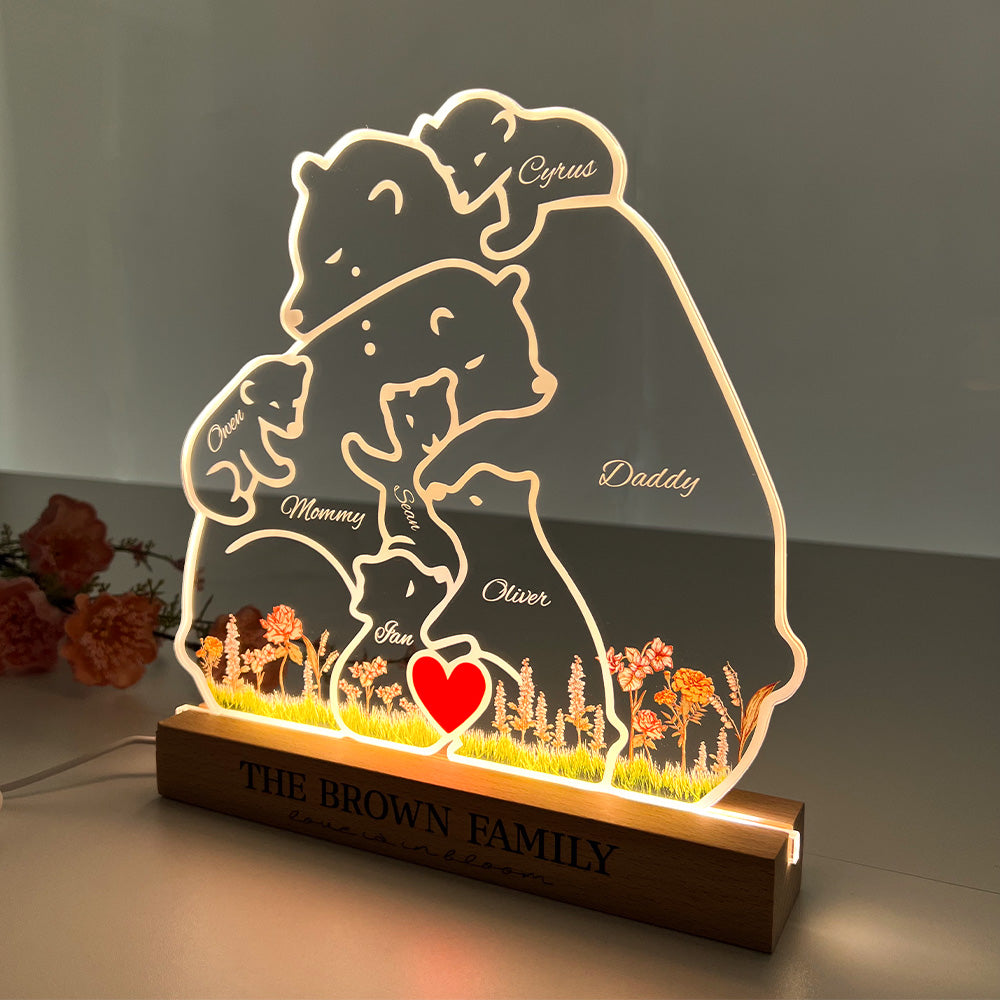 Custom Bear Family With Birth Month Flower And Kid's Names Acrylic Night Light