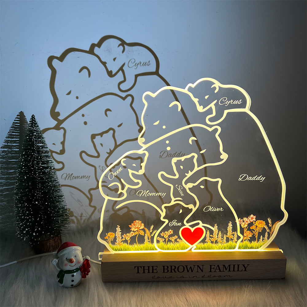 Custom Bear Family With Birth Month Flower And Kid's Names Acrylic Night Light