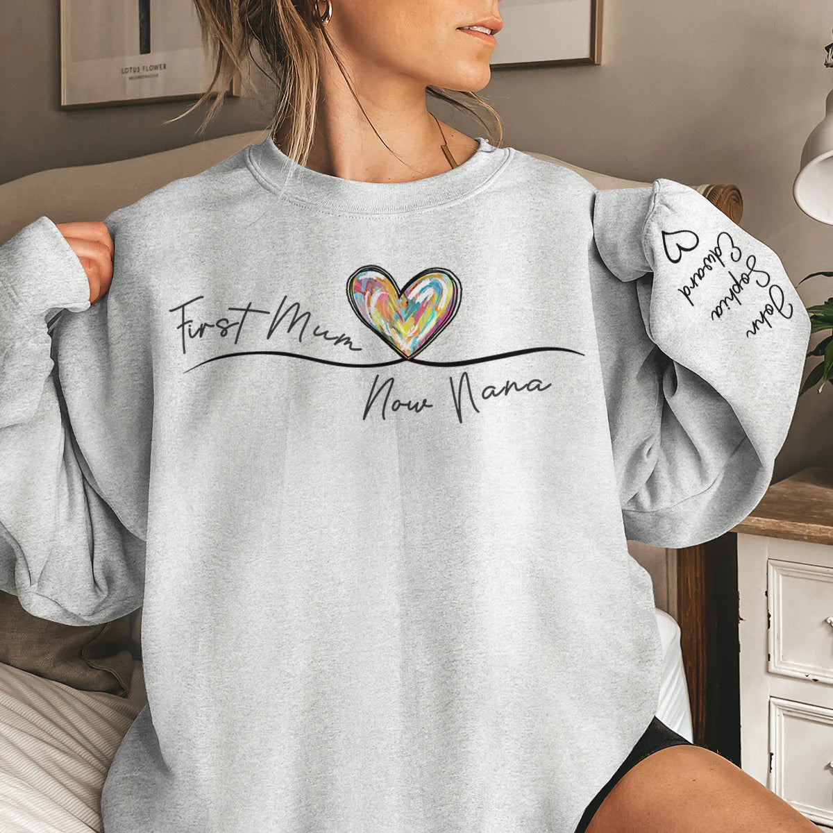 Personalized Sweatshirt First Mom Now Grandma Custom Names On Sleeve