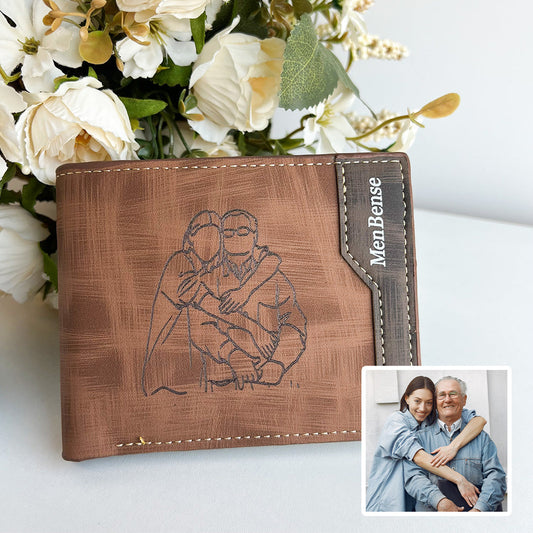 Custom Line Art Wallet, Engraved Men's Wallet with Photo